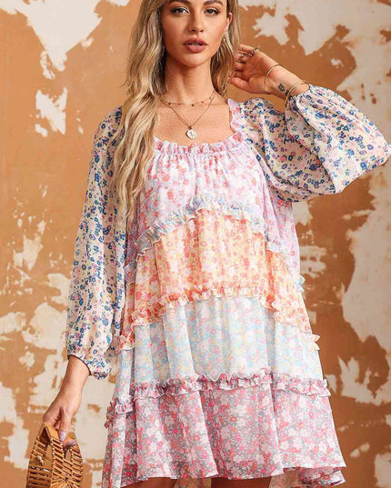 Floral Color Block Frill Trim Dress