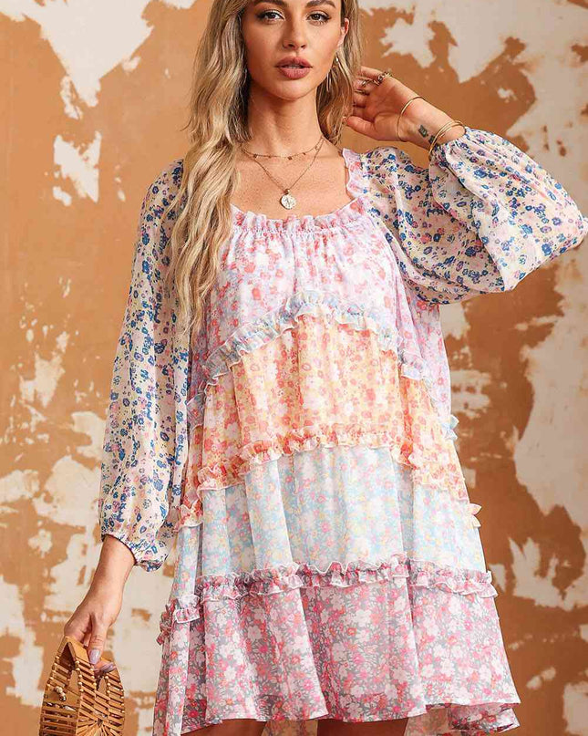 Floral Color Block Frill Trim Dress