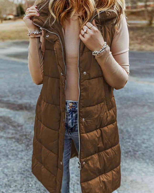 Longline Hooded Sleeveless Puffer Vest