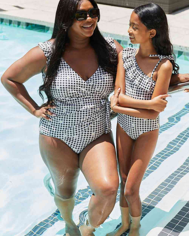 Marina West Swim Full Size Float On Ruffle Faux Wrap One-Piece in Black