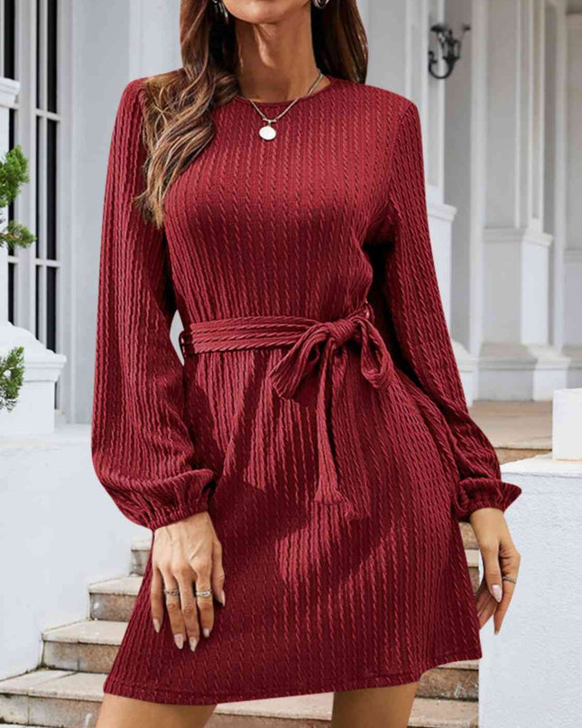 Round Neck Tie Front Long Sleeve Dress