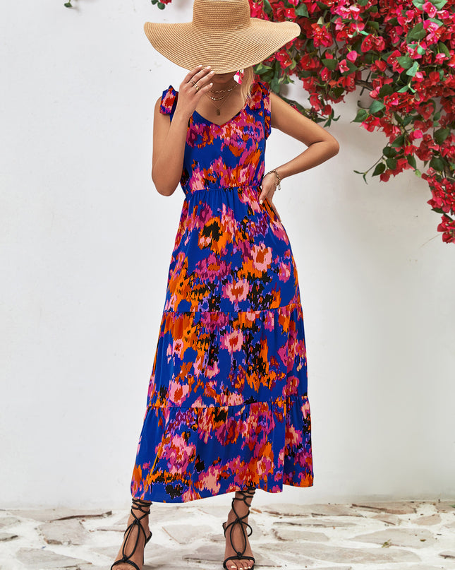Multicolored V-Neck Backless Midi Dress