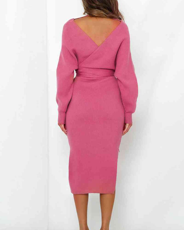 Surplice Neck Bow Waist Slit Sweater Dress
