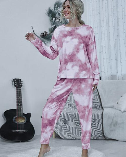 Tie-dye Round Neck Top and Drawstring Pants Lounge Set