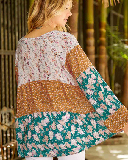 Floral Color Block Balloon Sleeve Blouse