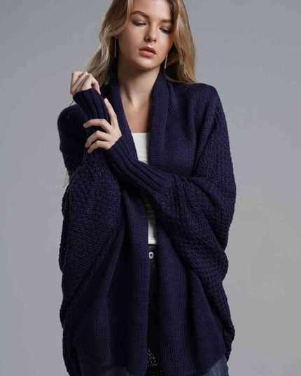 Double Take Dolman Sleeve Open Front Ribbed Trim Longline Cardigan