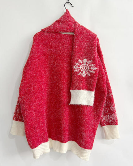 Christmas Element Round Neck Sweater and Scarf Set