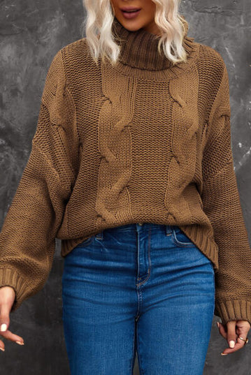 Cable-Knit Turtleneck Dropped Shoulder Sweater