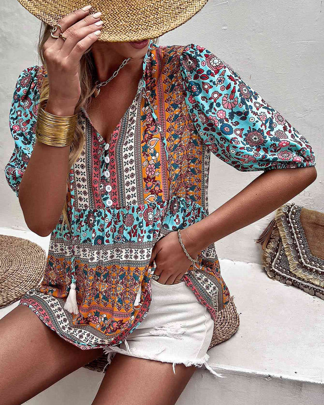 Bohemian Tassel Tie Puff Sleeve Babydoll Blouse