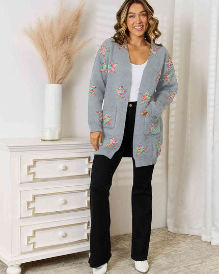 Star Pattern Open Front Cardigan with Pockets