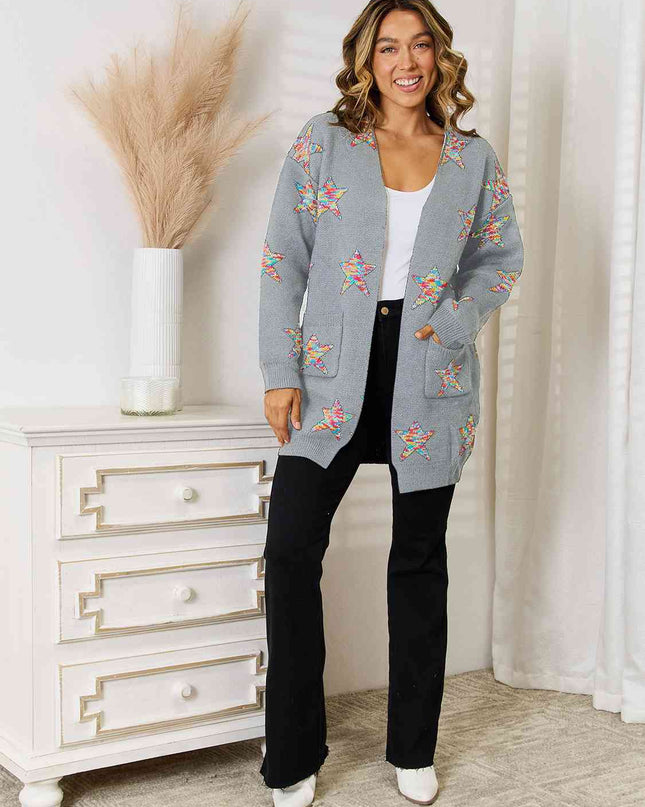 Star Pattern Open Front Cardigan with Pockets