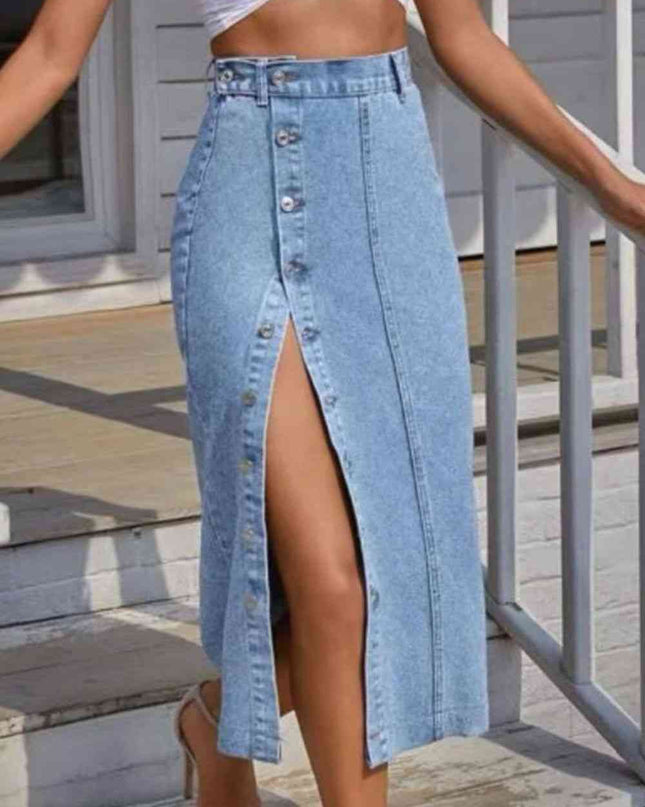 Buttoned Split Denim Skirt