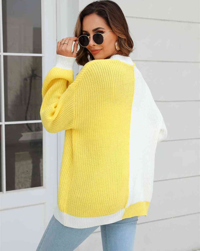 Open Front Contrast Color Balloon Sleeve Cardigan