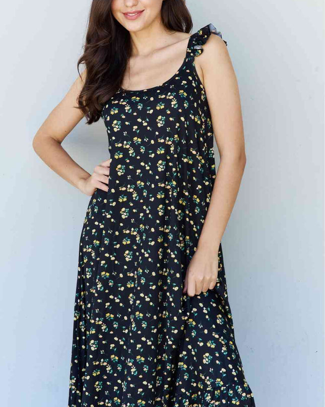 Doublju In The Garden Ruffle Floral Maxi Dress in  Black Yellow Floral
