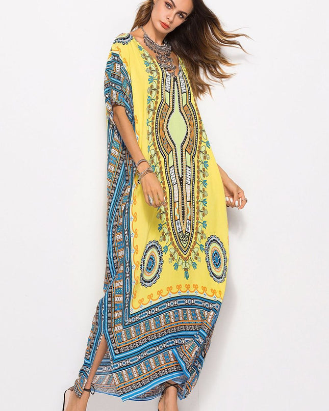 Printed V-Neck Side Slit Maxi Dress