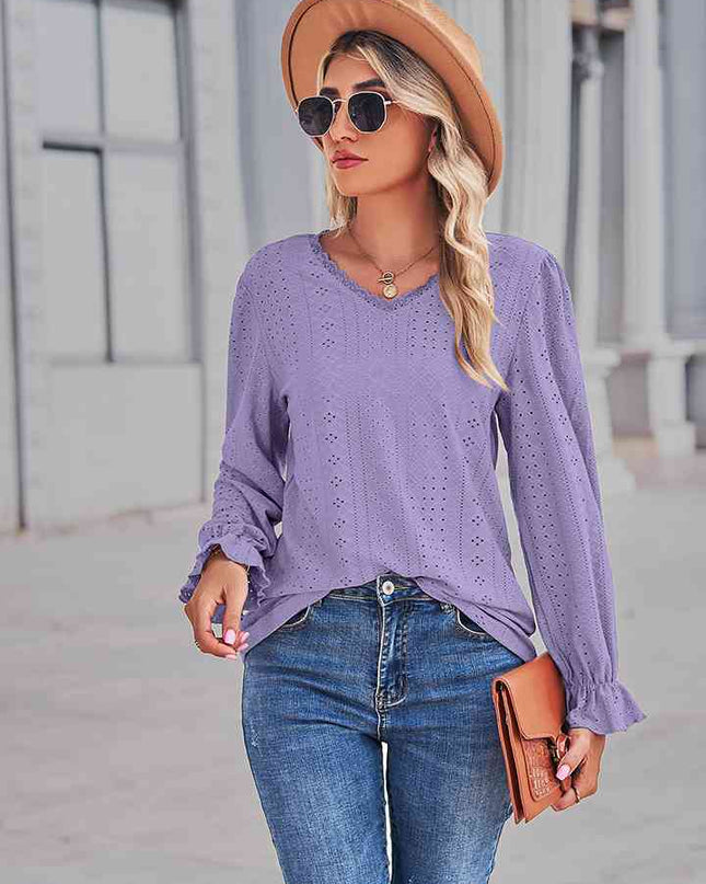 Eyelet V-Neck Flounce Sleeve Blouse
