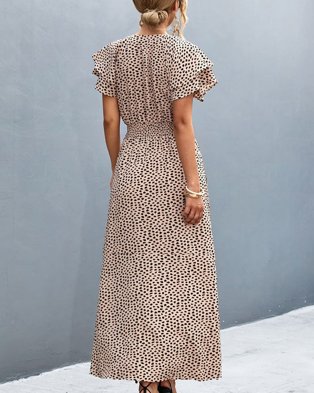 Printed Tie-Neck Flutter Sleeve Split Dress
