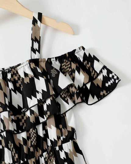 Printed Cold-Shoulder Flare Leg Jumpsuit