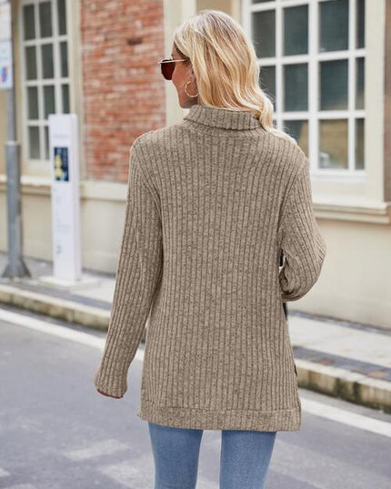 Ribbed Turtleneck Long Sleeve Slit Knit Top
