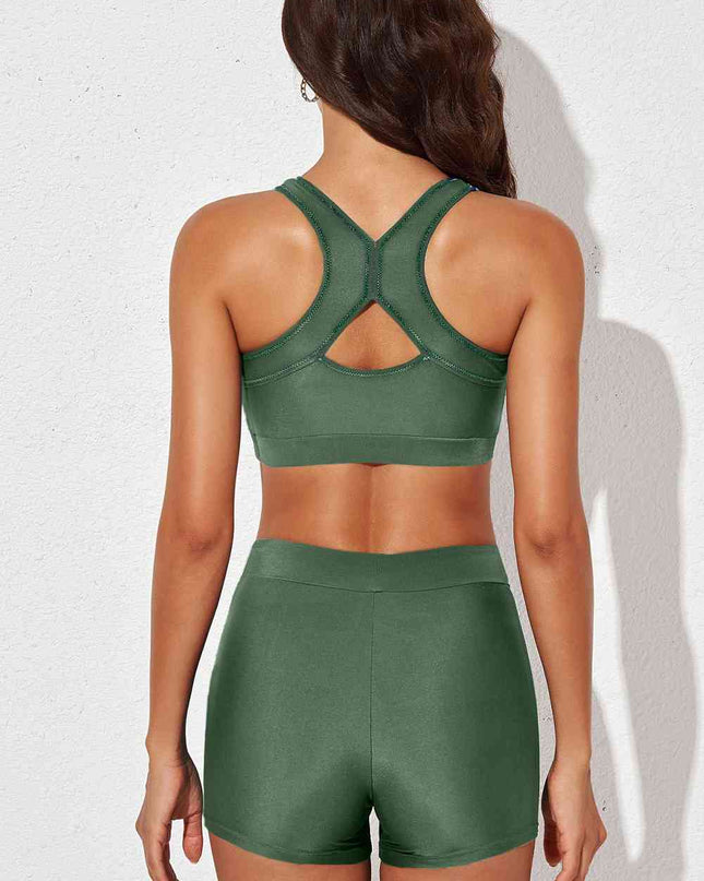 Printed Scoop Neck Back Crisscross Swim Set