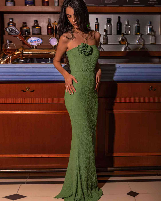 Flower Detail Strapless Slit Dress