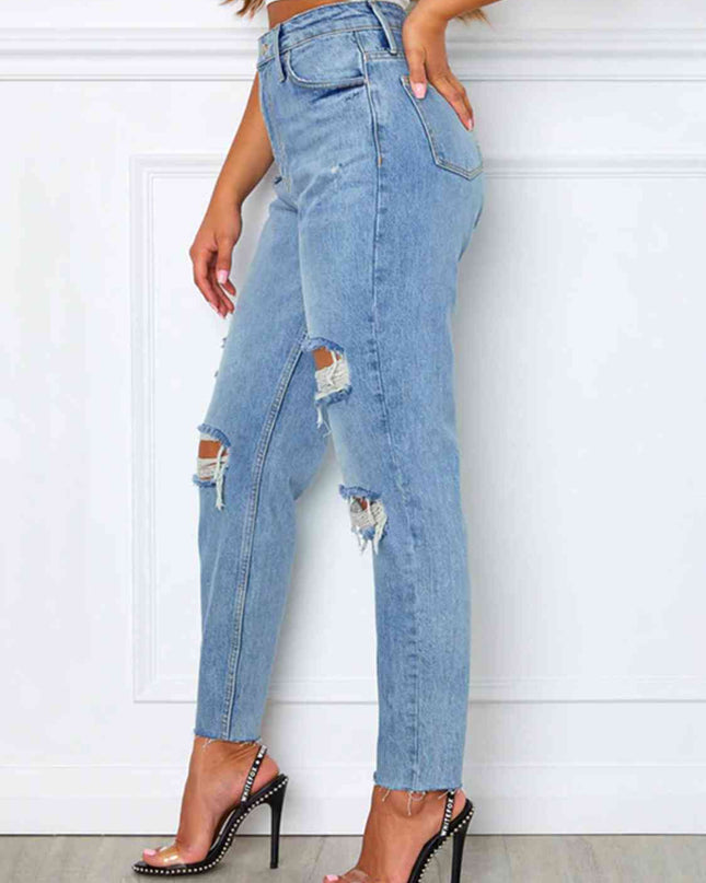 Distressed High Waist Straight Jeans