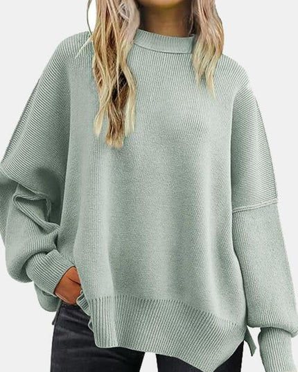Round Neck Drop Shoulder Slit Sweater