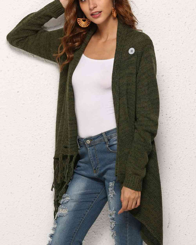 One-Button Tassel Tie Asymmetrical Hem Cardigan