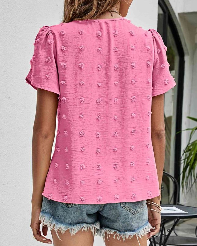 Swiss Dot Round Neck Petal Sleeve Top