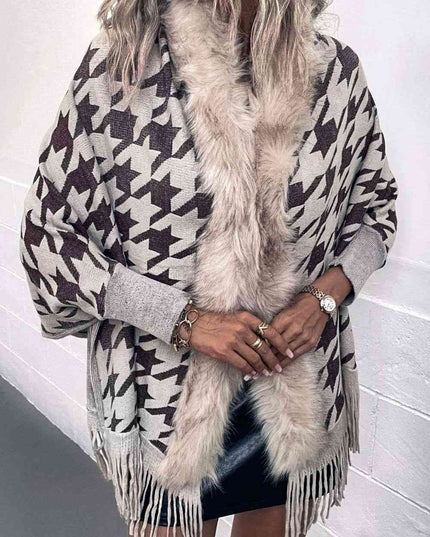 Houndstooth Fringe Hem Poncho