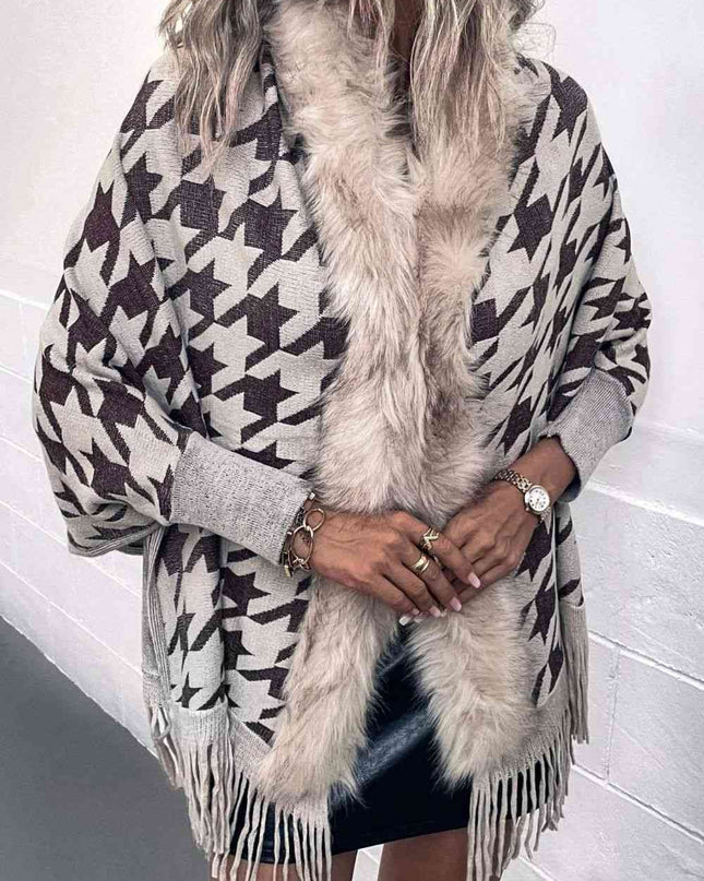 Houndstooth Fringe Hem Poncho