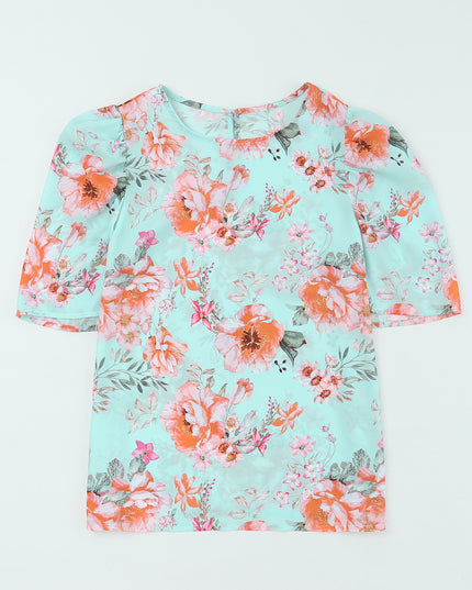 Summer Lover Floral Puff Sleeve Round Neck Blouse