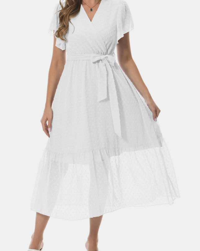 Surplice Neck Flutter Sleeve Tied Dress