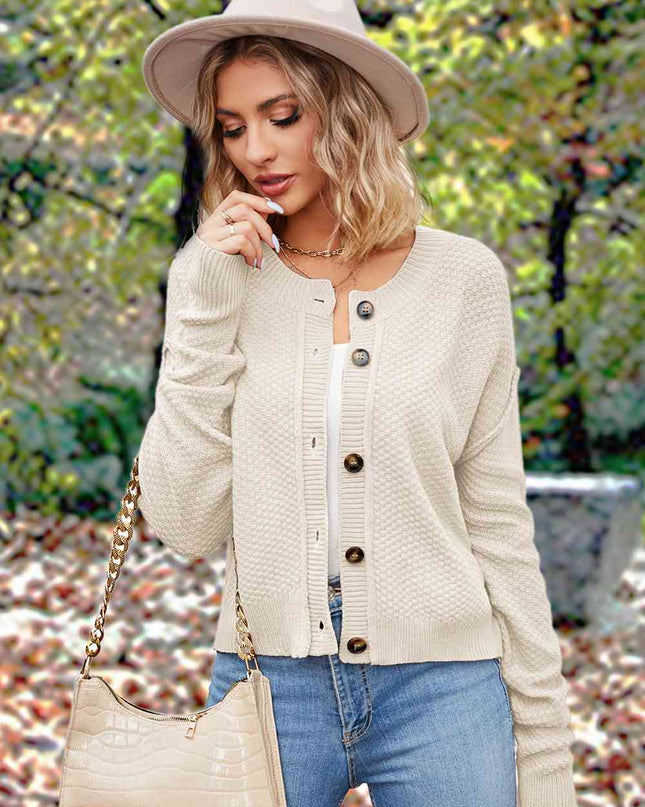 Button Up Round Neck Drop Shoulder Cardigan