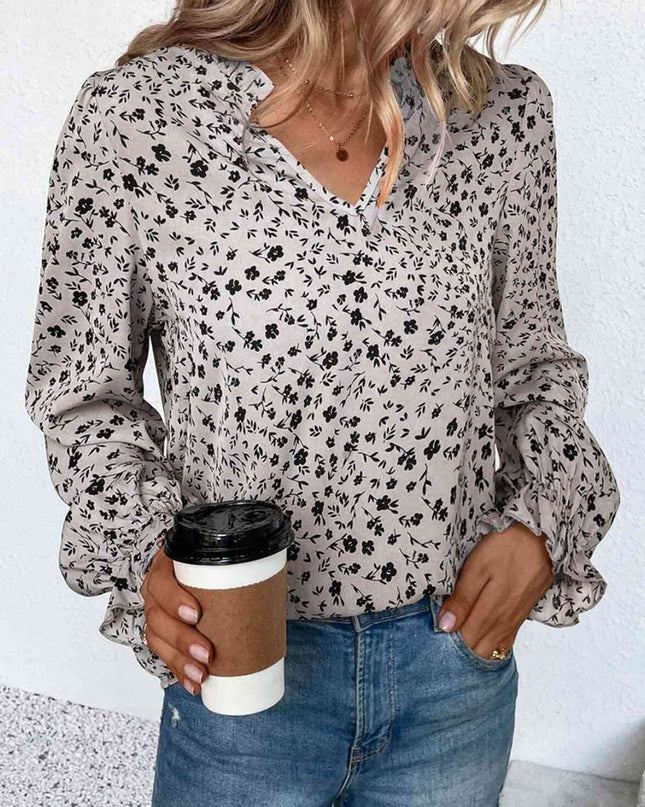 Notched Neck Flounce Sleeve Blouse