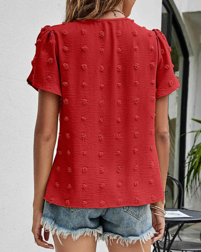 Swiss Dot Round Neck Petal Sleeve Top