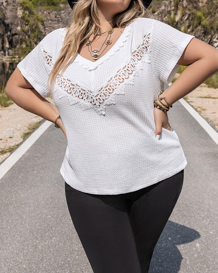 Plus Size Lace Detail V-Neck Short Sleeve Blouse