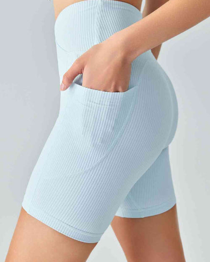 V-Waist Ribbed Sports Biker Shorts with Pockets