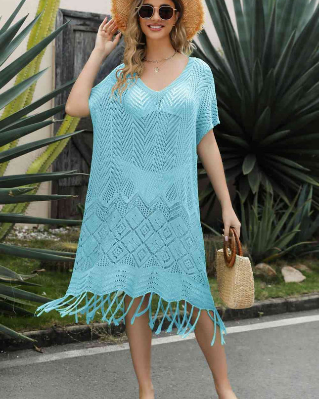 V-Neck Short Sleeve Fringe Hem Knit Dress