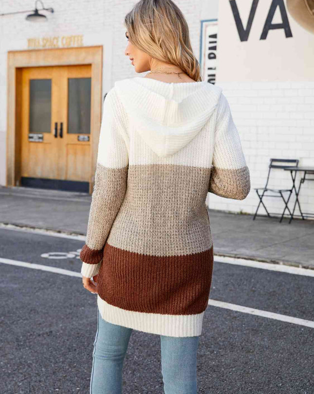 Color Block Open Front Hooded Cardigan