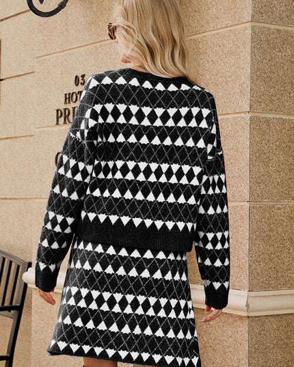 Geometric Button Front Cardigan and Skirt Set