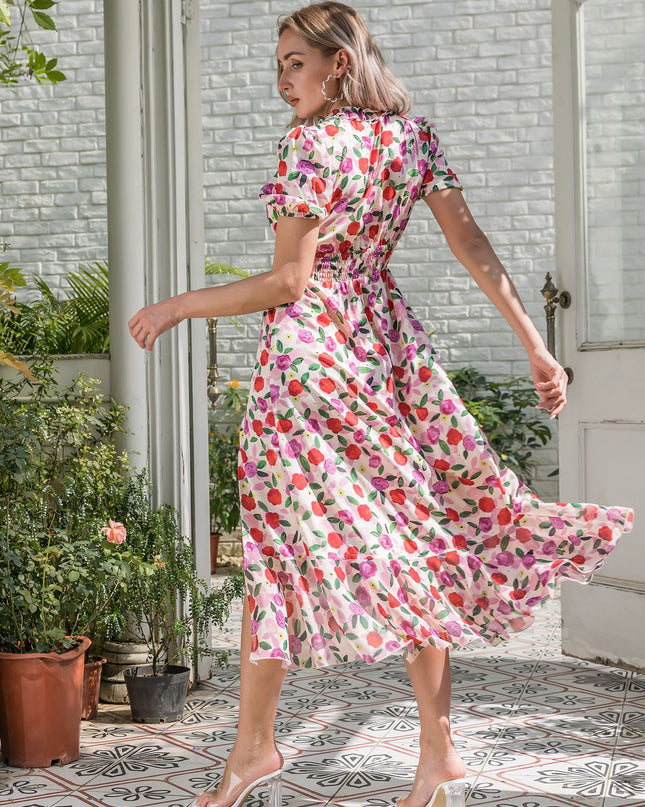 Floral Frill Trim Surplice Ruffle Hem Dress
