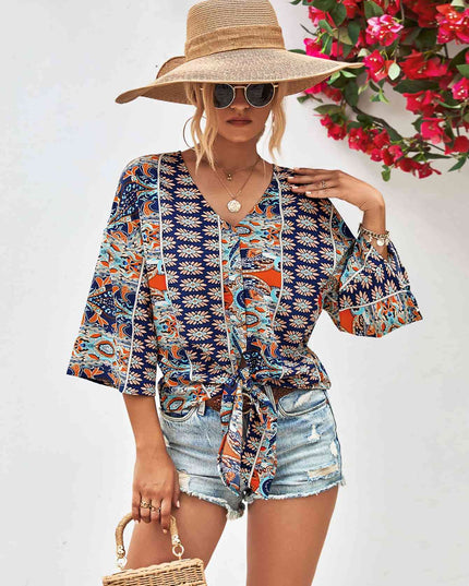 Tie Hem V-Neck Three-Quarter Sleeve Blouse