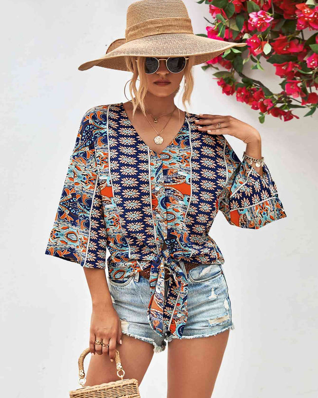Tie Hem V-Neck Three-Quarter Sleeve Blouse