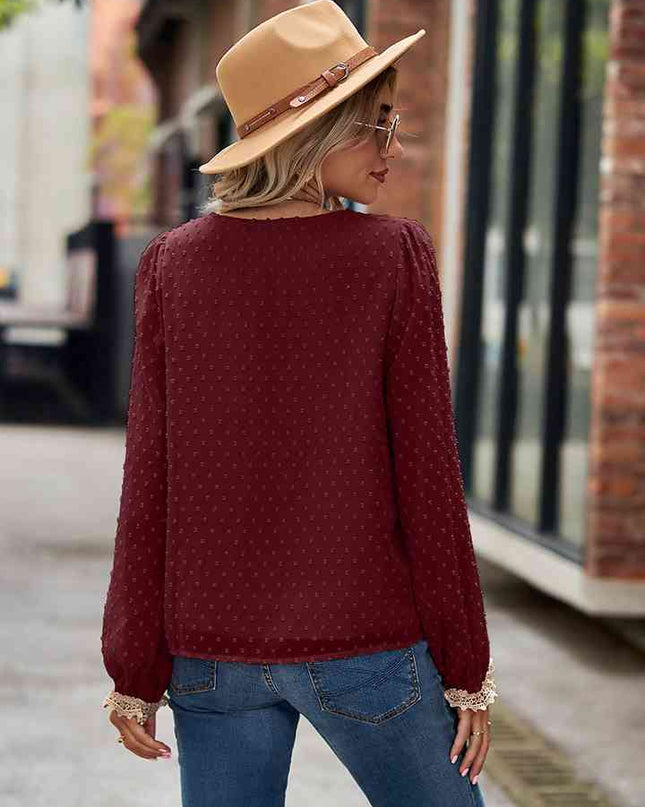 Swiss Dot V-Neck Long Sleeve Blouse