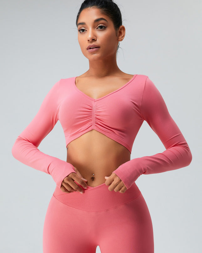 Ruched V-Neck Long Sleeve Active T-Shirt