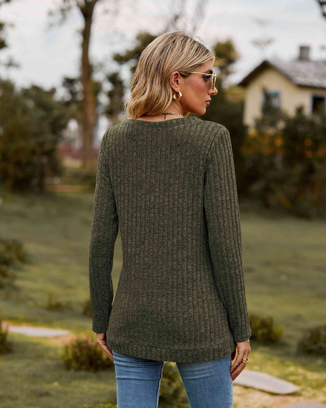 Ribbed V-Neck Long Sleeve Tee