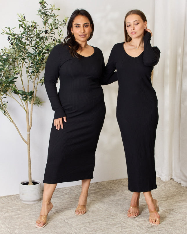 Culture Code Full Size Ribbed Long Sleeve Midi Slit Dress