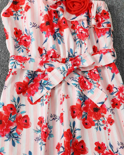 Floral Asymmetrical Neck Tie Belt Jumpsuit