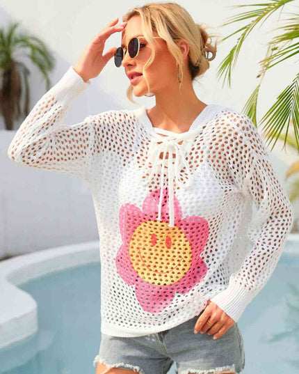 Flower Graphic Lace-Up Openwork Hooded Cover Up